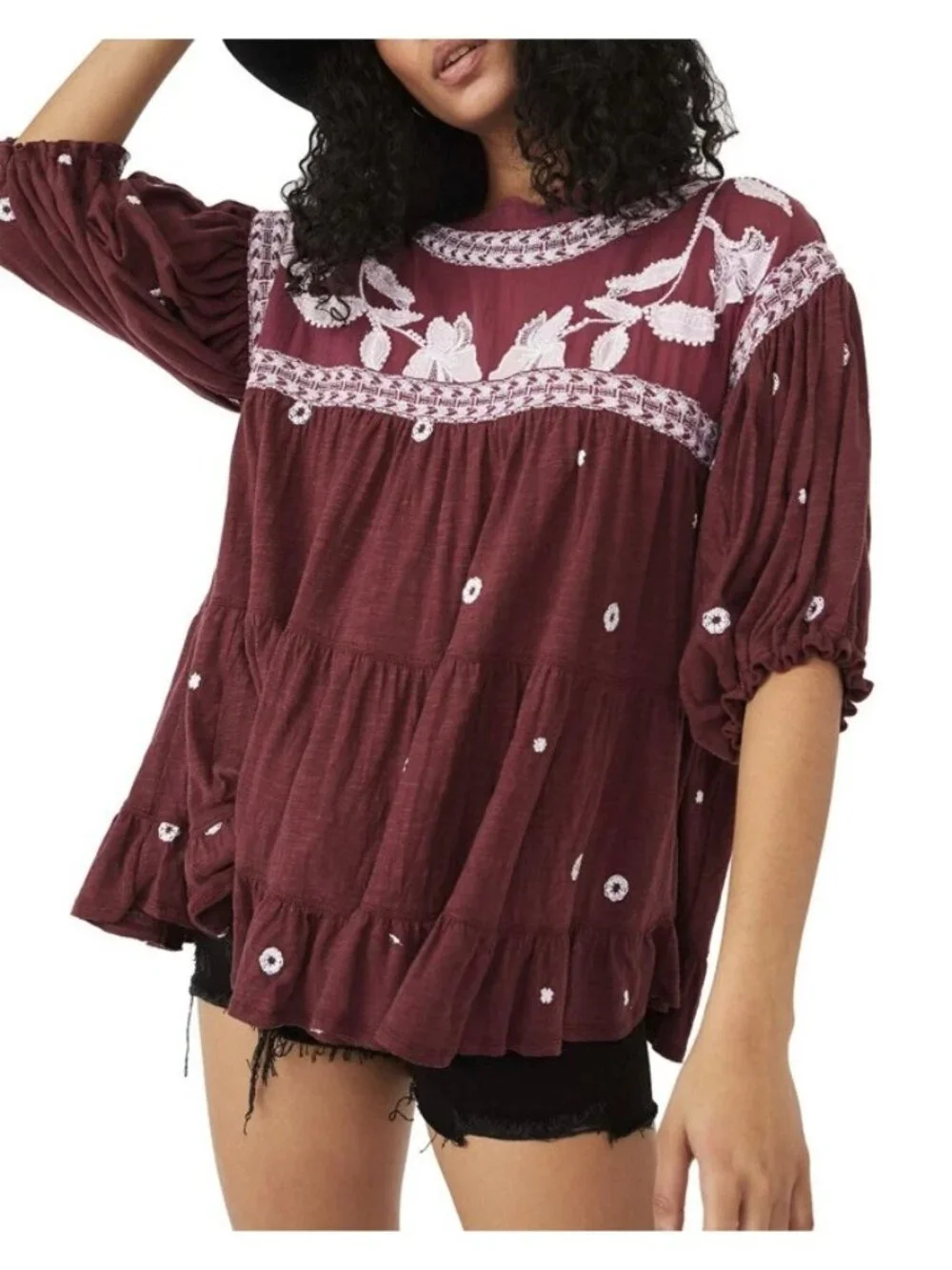 Free People Edie Boho Embroidered Top Tunic Raisin Combo XS